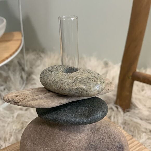 Small Cairn Style Boho Driftwood And Stone Bud Vase - Picture 7 of 14